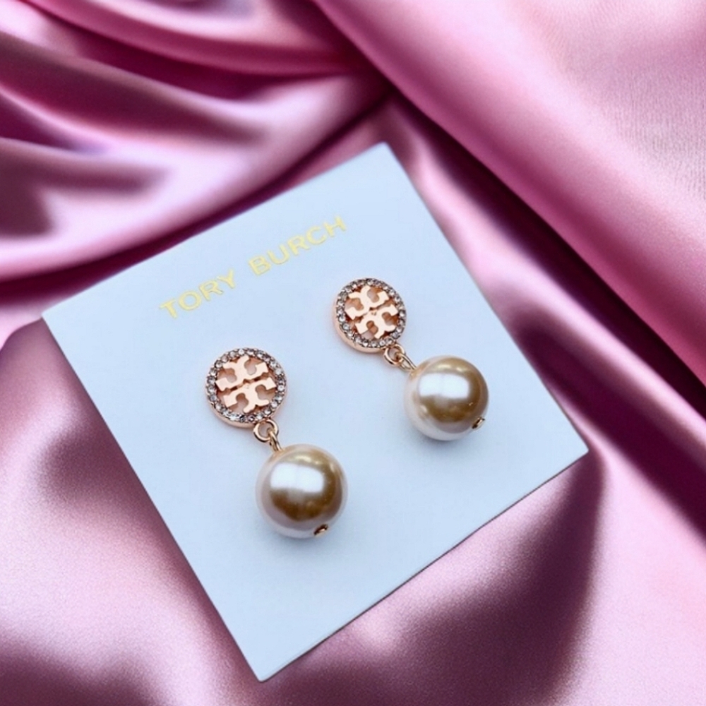 Tory Burch Rose Gold Crystal Pearl Drop Earrings